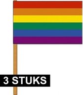 3x Luxe zwaaivlaggen/handvlaggen regenboog 30 x 45 cm met houten stok - LGBT/LGBTQ feestartikelen