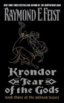 Boek "Krondor: Tear of the Gods" van Raymond E. Feist. Donker met een goudomlijnde ridder te paard en de titel.