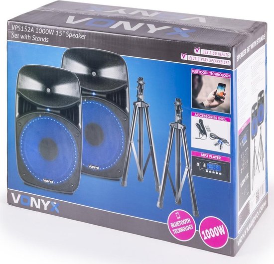 Verpakking van Vonyx VPS152A 1000W 15 inch speakerset met Bluetooth en standaard.