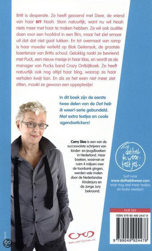 De achterkant van een boek met een foto van de auteur, Carry Slee, een vrouw met grijs haar en bril. Blauwe achtergrond met tekst.