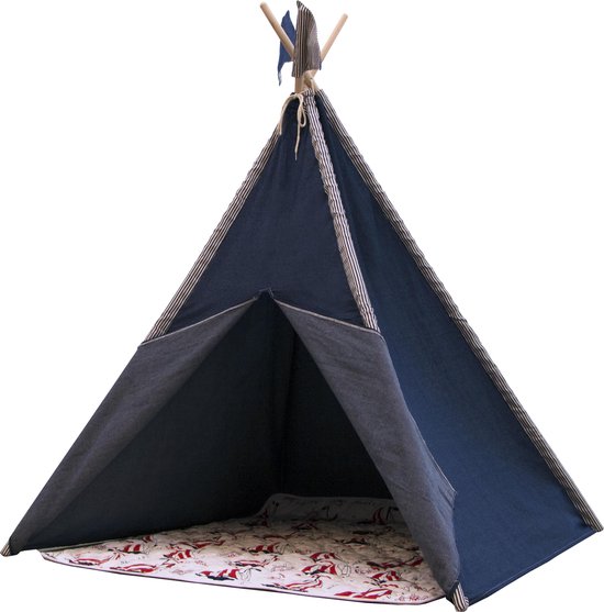 gemakkelijk badge Monnik Sunny Nautic Tipi Tent Blauw - Speeltent - FSC houten stokken - Incl.  vloerkleed | bol.com
