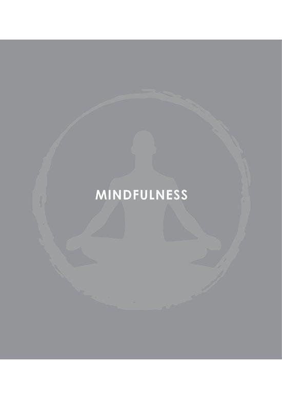 Illustratie van een mediterende persoon binnen een cirkel, met het woord "MINDFULNESS" erop.