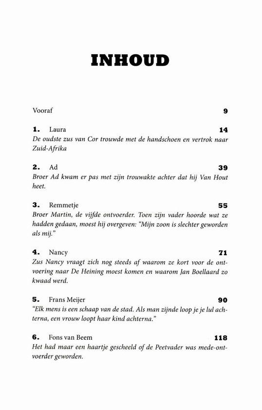 Pagina met de inhoudsopgave van een boek. Titels van hoofdstukken en paginanummers.