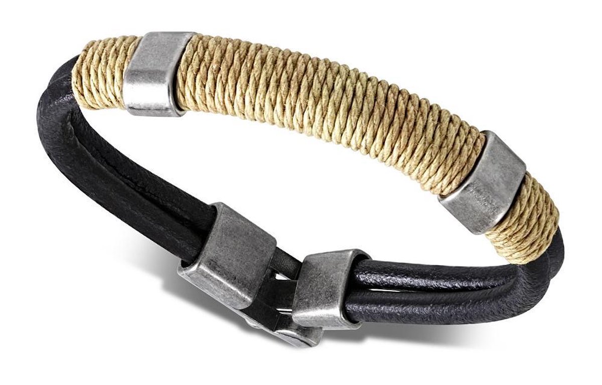 Amanto Armband Farzan D - Leer - 316L Staal - Touw - 15mm - 21cm