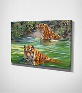 Tigers In A Lake - 100 x 70 cm - Dieren - Schilderij - Canvas - Slaapkamer - Wanddecoratie  - Slaapkamer - Foto op canvas