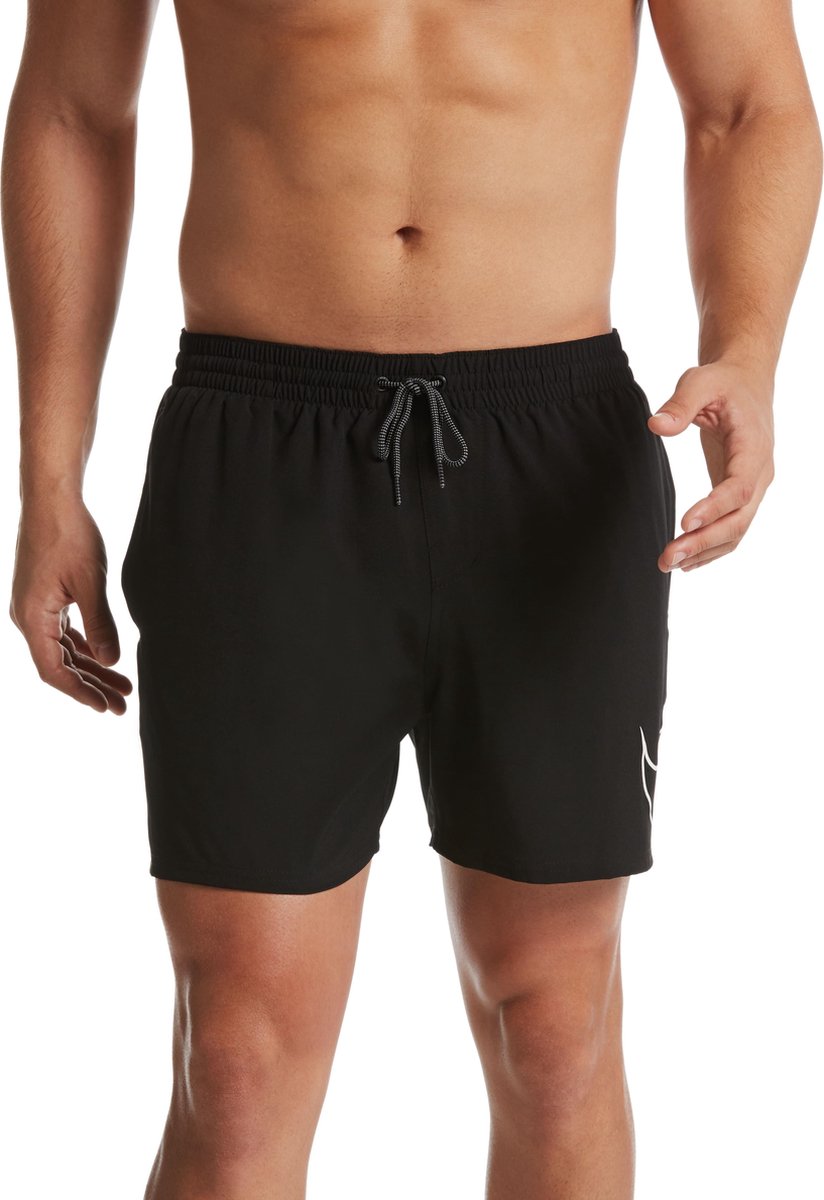 nike swimming 5inch volley shorts with all over swoosh print in black