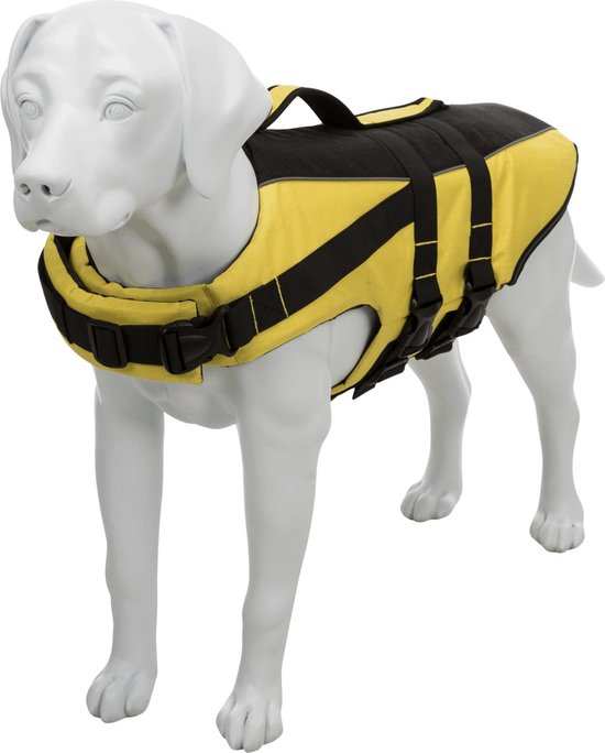 Hondendummy met geel en zwart zwemvest aan, met draaglus en gespen.
