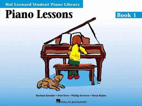Une fille en pull jaune et pantalon vert joue du piano. Un chien est couché à côté. Titre : Piano Lessons, Book 1.