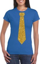 Blauw fun t-shirt met stropdas in glitter goud dames XS