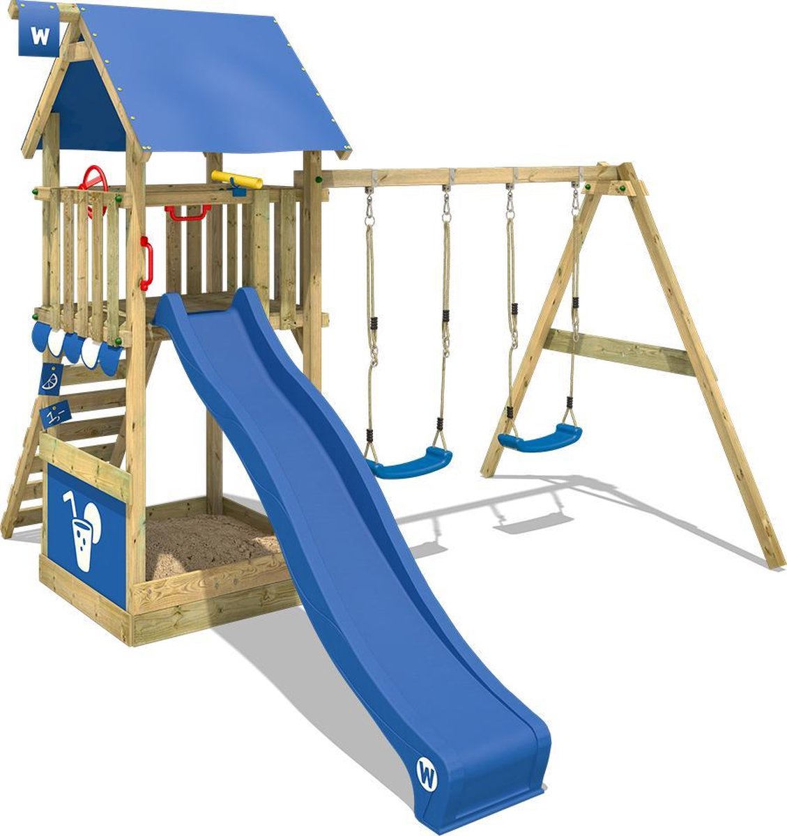 Balançoire double pour enfants, avec toboggan et échelle d'escalade, cadre  de balançoire extérieur en bois