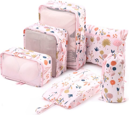 Qpacks - Flower Power Packing Cubes set 6-delig - Waterdicht - Patroon - Roze bloemen print - Toilettas - Koffer Organiser - Backpack