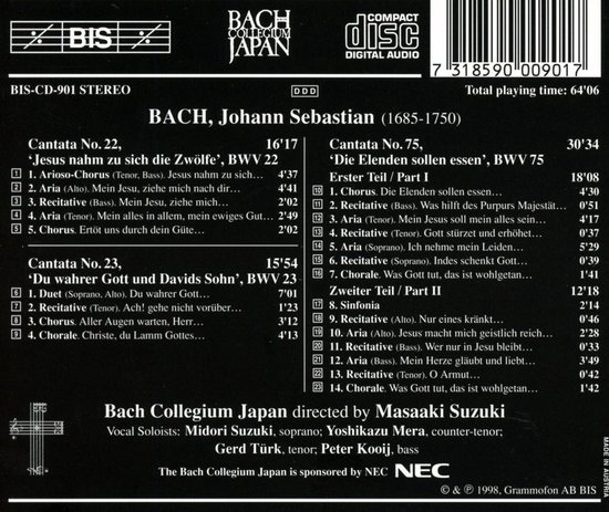 CD hoes met tracklist: BWV 22, BWV 23 en BWV 75. Bach Collegium Japan conducted by Masaaki Suzuki.