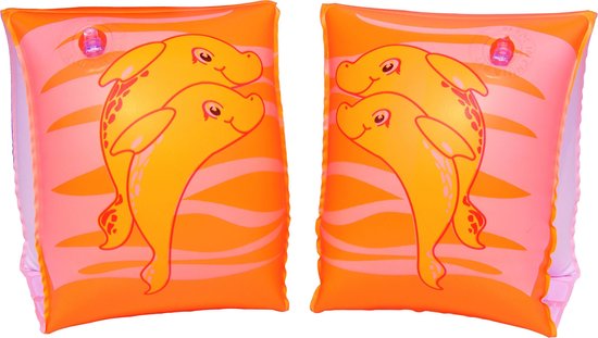 Oranje zwembandjes met oranje dolfijnen en oranje strepen. Paars aan de zijkant.