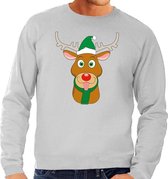Foute kersttrui / sweater met Rudolf het rendier met groene kerstmuts grijs voor heren - Kersttruien L (52)