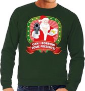 Foute kersttrui / sweater - groen - gangster Kerstman met pistool Can I Borrow Some Presents heren M (50)