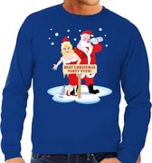 Foute kersttrui / sweater dronken kerstman en kerstvrouw na kerstborrel/ feest blauw voor heren - Kersttruien L (52)