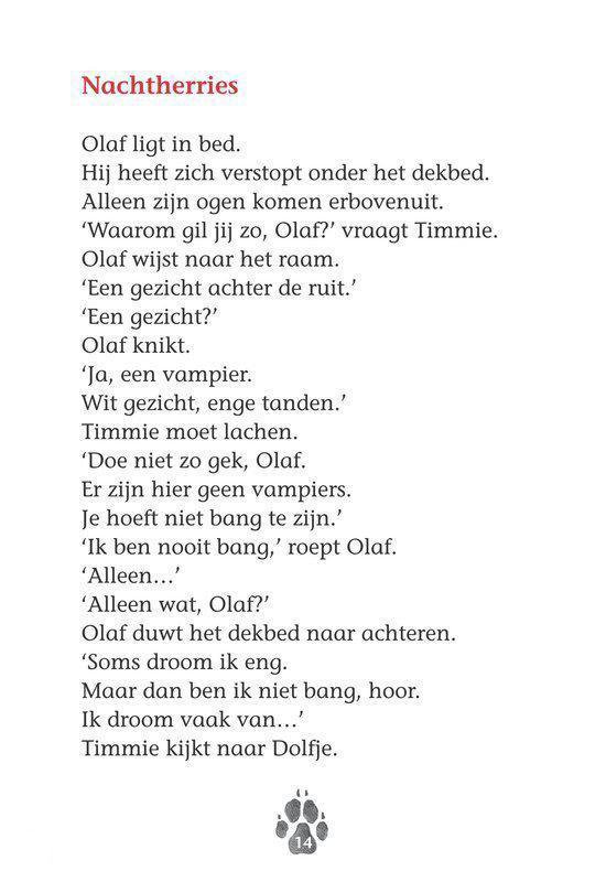 Bladzijde met tekst over Olaf die bang is voor nachtmerries. Onderaan staat een pootafdruk.