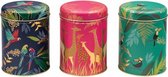 Set de 3 Boîtes de Rangement - Perroquet / Girafe / Toucan - Rond - Étain - Ø 10,5 cm - Hauteur: 15 cm - Sara Miller London