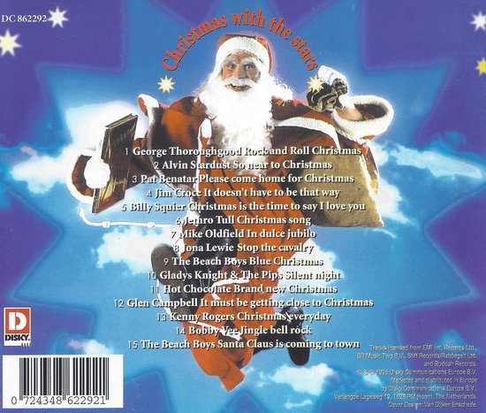 Kerstman met baard en rode outfit springt met kerstzak en cadeaus. Titel 'Christmas with the stars'. Achtergrond met wolken. Tracklist met artiesten.