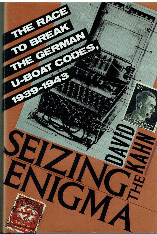 Boek kaft met de titel 'Seizing Enigma' en een afbeelding van een Enigma machine met Hitler en stempels.