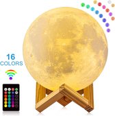 Mind-Xpanding | Maan Lamp 20 cm. | RGB 16 Multicolour / Kleurstanden + Afstandsbediening | 3D Print LED Touch Control Maanlamp op Houten Standaard | USB Oplaadbare Moon Lamp | Dimb