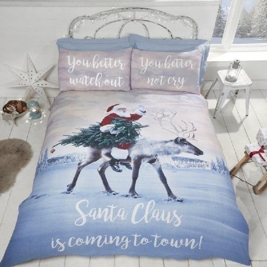 dekbedovertrek de Noël Santa Claus Coming to Town - lits jumeaux avec 2 x taie d'oreiller