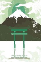Japanese shrine with mountain in dark green