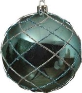 1x Turquoise blauwe/zilveren glitter dessin kerstballen 8 cm kunststof - Onbreekbare kerstballen - Kerstboomversiering turquoise