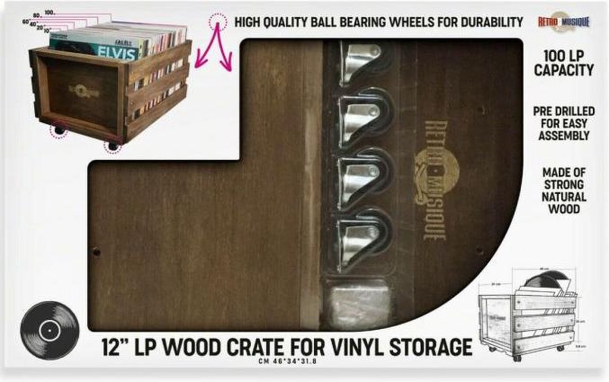 Retro Musique wooden 12 LP vinyle bac de rangement pour jusqu'à 100 albums  sur roues (manchon PVC) couverture en tissu Hesse comprend 50 vinyle  disques manteau…