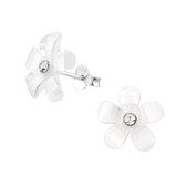 Joy|S - Zilveren bloem oorbellen wit 1.4 cm