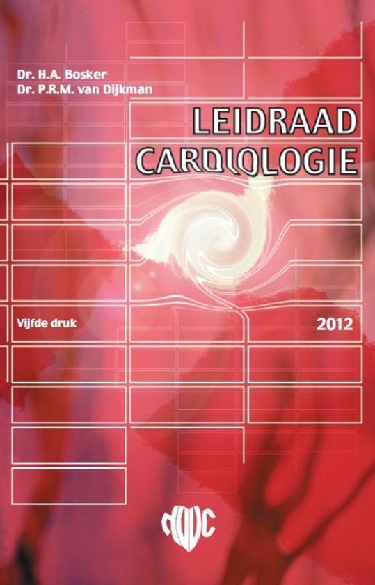 Leidraad Cardiologie, vijfde druk, 2012, met rode en witte lijnen en een wervelende witte kern.