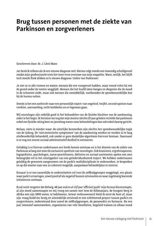 Titelpagina met de titel "Brug tussen personen met de ziekte van Parkinson en zorgverleners". De tekst is geschreven door dr. J. (Jen) Maes.