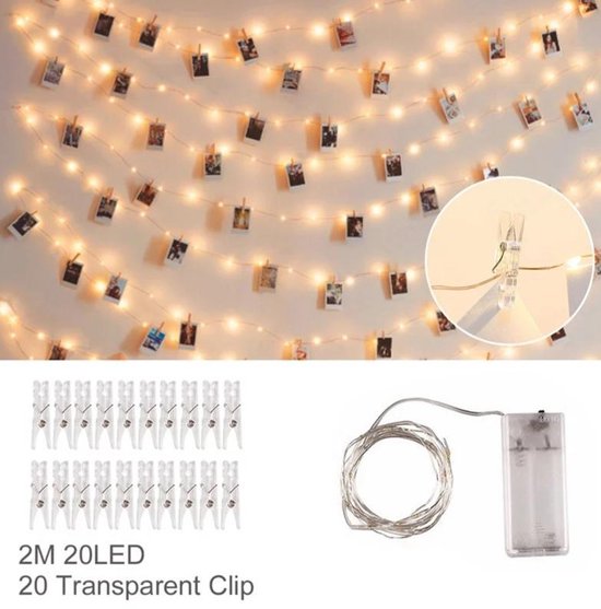 Lampslinger - Foto-knijpertjes - 2m - 20 LED's Warm - op batterij | bol.com
