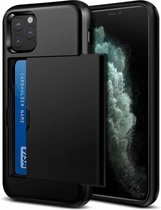 Kaarthouder Case Met Slide Geschikt Voor Apple Iphone 11 Pro - Zwart + Glazen Screenprotector