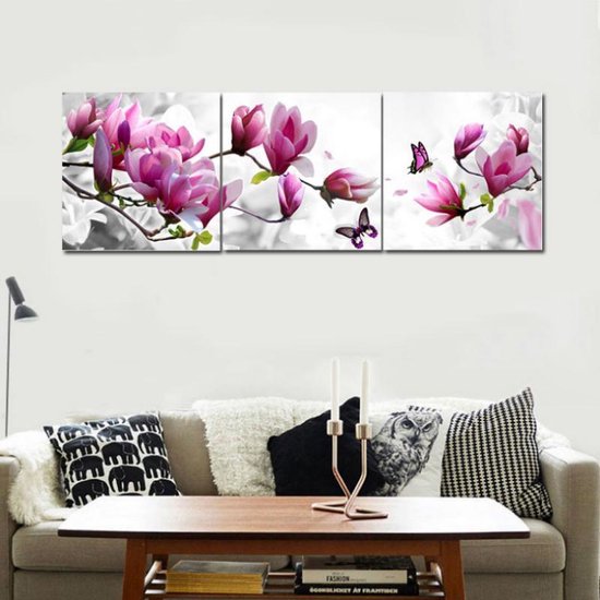SET van 3 st Canvas Schilderij * Magnolia Bloemen met Vlinders * - Kunst  aan je Muur -... | bol.com