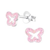 Joy|S - Zilveren vlinder glitter roze oorbellen 0.7 cm Sterling zilver 925