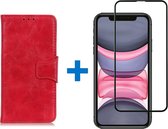Shop4 - iPhone 11 Pro Hoesje + Glazen Screenprotector - Wallet Case Cabello Echt Leer Rood