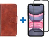Shop4 - iPhone 11 Hoesje + Glazen Screenprotector - Wallet Case Cabello Echt Leer Bruin