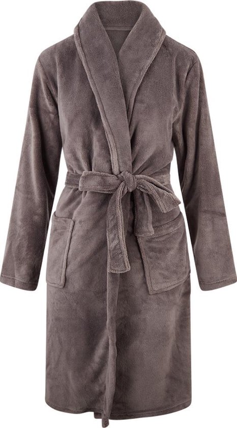 Unisex badjas fleece - sjaalkraag - grijs/taupe - badjas heren - badjas dames - maat L/XL