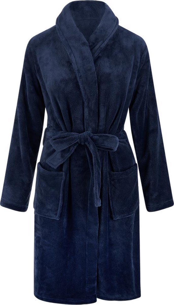 Unisex badjas fleece - sjaalkraag - donkerblauw - dames badjas - heren badjas maat S/M