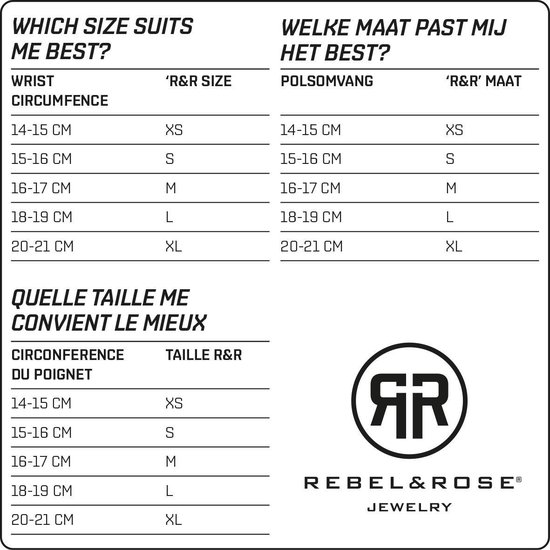 Maattabel met Engelse, Nederlandse en Franse tekst voor Rebel & Rose.