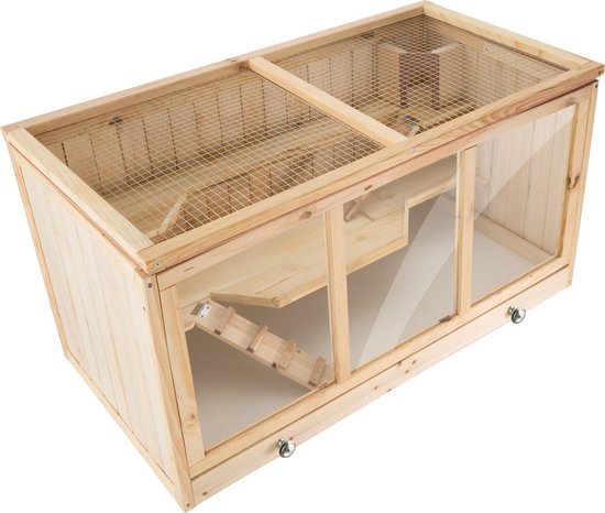 tectake - Houten Knaagdierenkooi met Huisje - Meerdere Verdiepingen voor Bewegingsvrijheid - Scharnierend Dakrooster - Etalage van Kunststofglas