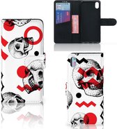 Coque Xiaomi Redmi 7A PU Cuir Premium Flip Case pour Crâne Rouge
