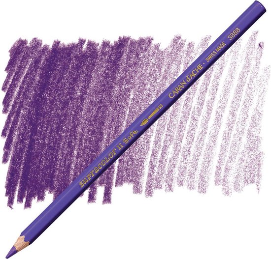 Paars potlood met "SUPRACOLOR II Soft", "CARAN D'ACHE", "SWISS MADE" en "3888" erop, naast een paarse veeg.
