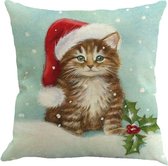 Kussenhoes - Kerst - poes met muts -  linnen - 45cm