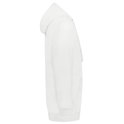 Zijaanzicht van een witte capuchontrui met kangoeroezak en rood detail.