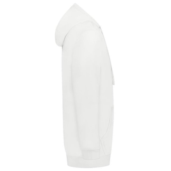 Zijaanzicht van een witte capuchontrui met kangoeroezak en rood detail.