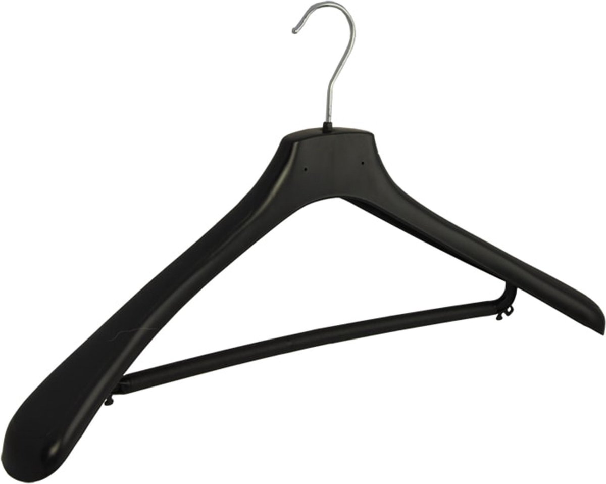 De Kledinghanger Gigant - 10 x Mantelhanger / kostuumhanger kunststof zwart met schouderverbreding en broeklat, 50 cm