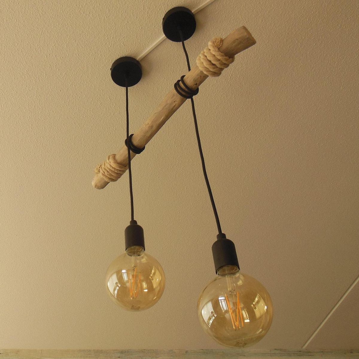 Plafond Lamp Hangend - Industrieel Design Hanglamp - Hout - 2 lichts -  Zwarte... | bol.com
