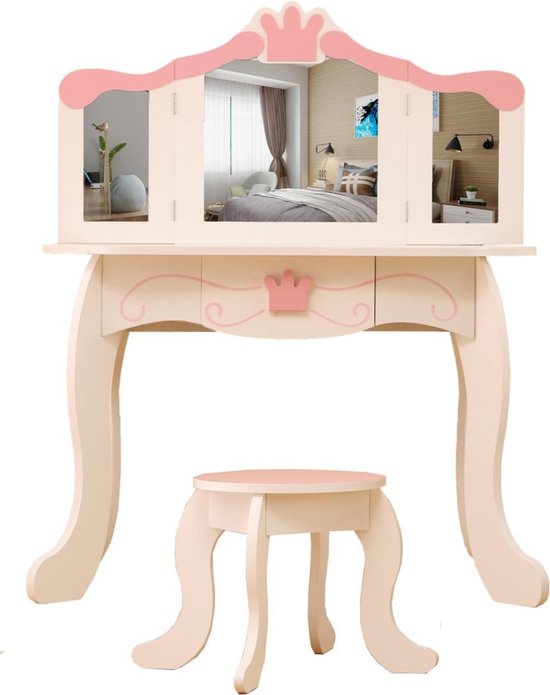 Kaptafel make up visagie tafel Prinses meisje met spiegel en krukje wit  roze | bol.com